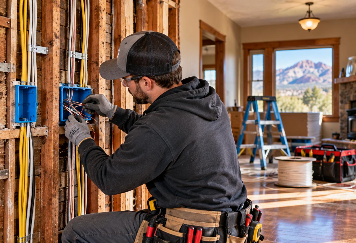 Electrician installing new electrical wiring in an older Rifle, Colorado, home with exposed wall studs and electrical boxes during a whole-home rewiring project.